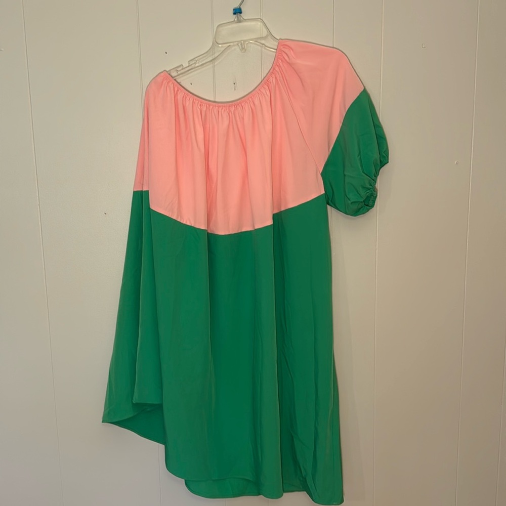Pink and green one shoulder dress